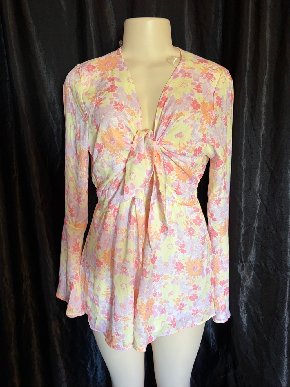 Pink Lily Pastel Floral Tie-Front Romper - Pink & Yellow